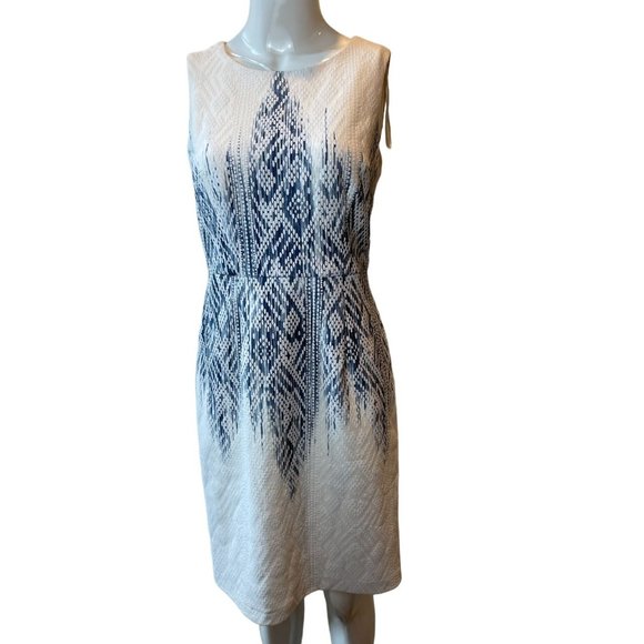 Chetta B Womens Abstract Print Sheath Dress Sleeveless Back Zip White Navy Sz 2 - Picture 1 of 8